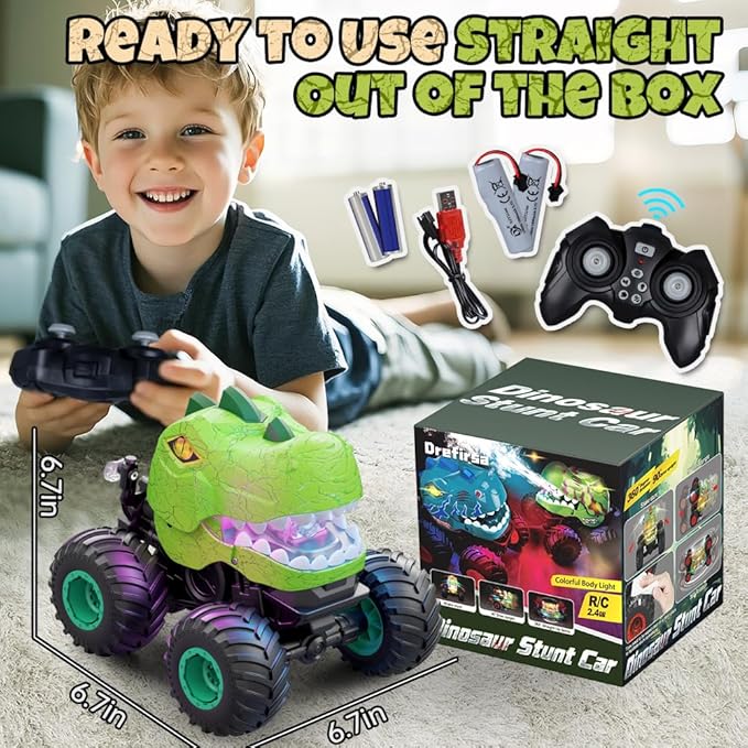 Dinosaur Remote Control Car for Boys 4-7 8-12, 50min+ Runtime RC Car with Spray, LED Light, 360° Rotating & 90° Driving, RC Monster Truck Toy for Kids Birthday