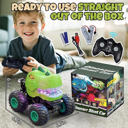 Dinosaur Remote Control Car for Boys 4-7 8-12, 50min+ Runtime RC Car with Spray, LED Light, 360° Rotating & 90° Driving, RC Monster Truck Toy for Kids Birthday
