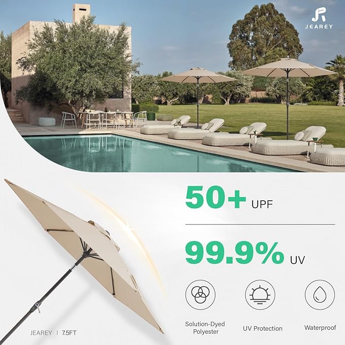 JEAREY 7.5FT Patio Umbrellas Outdoor Umbrella Table Market Umbrella with 6 Ribs,Tilt Button for Pool Deck Backyard Garden,Beige