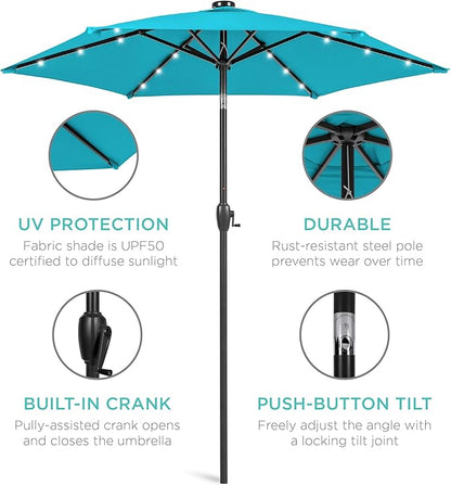 Best Choice Products 7.5ft Outdoor Solar Market Table Patio Umbrella for Deck, Pool w/Tilt, Crank, LED Lights - Sky Blue