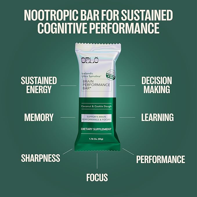ORLO BRAIN PERFORMANCE BAR – Vegan Protein Bars for Brain & Energy Support – Focus & Memory, Pre & Post Workout Recovery – Gluten Free Snack with L-Theanine, Lions Mane, Spirulina & More (SINGLE BAR)