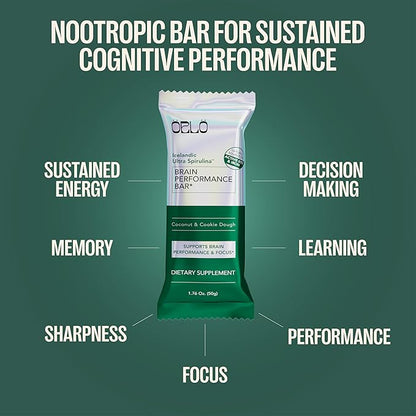 ORLO BRAIN PERFORMANCE BAR – Vegan Protein Bars for Brain & Energy Support – Focus & Memory, Pre & Post Workout Recovery – Gluten Free Snack with L-Theanine, Lions Mane, Spirulina & More (12 Bars)