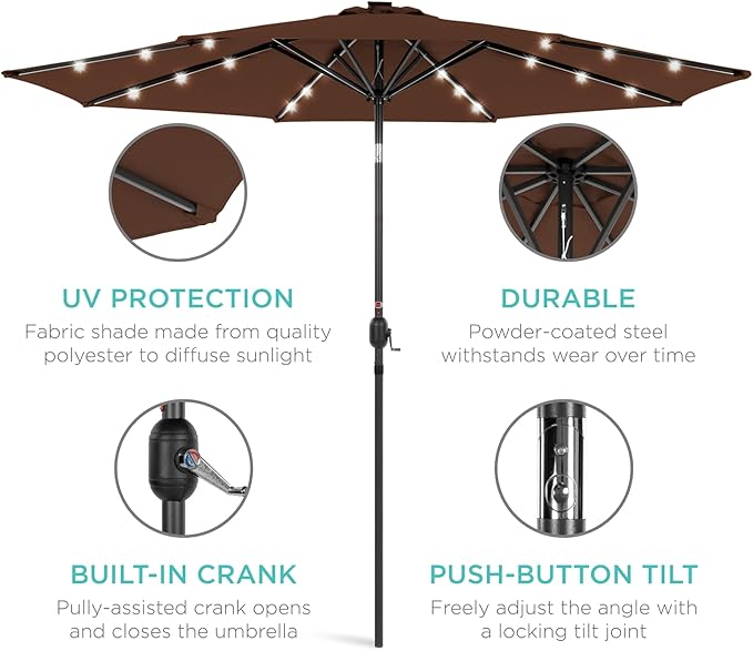 Best Choice Products 10ft Solar Polyester LED Lighted Patio Umbrella w/Tilt Adjustment and UV-Resistant Fabric - Brown