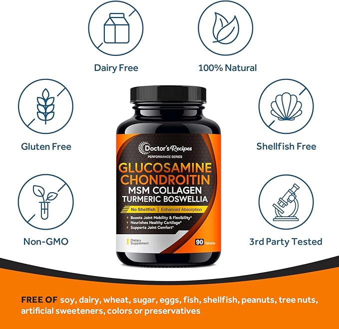 Doctor's Recipes Glucosamine Chondroitin MSM Turmeric Quercetin, Joint Support Supplement for Men & Women, with Black Pepper for High Absorption, Complete Joint Care, No Shellfish, 90 Tablets