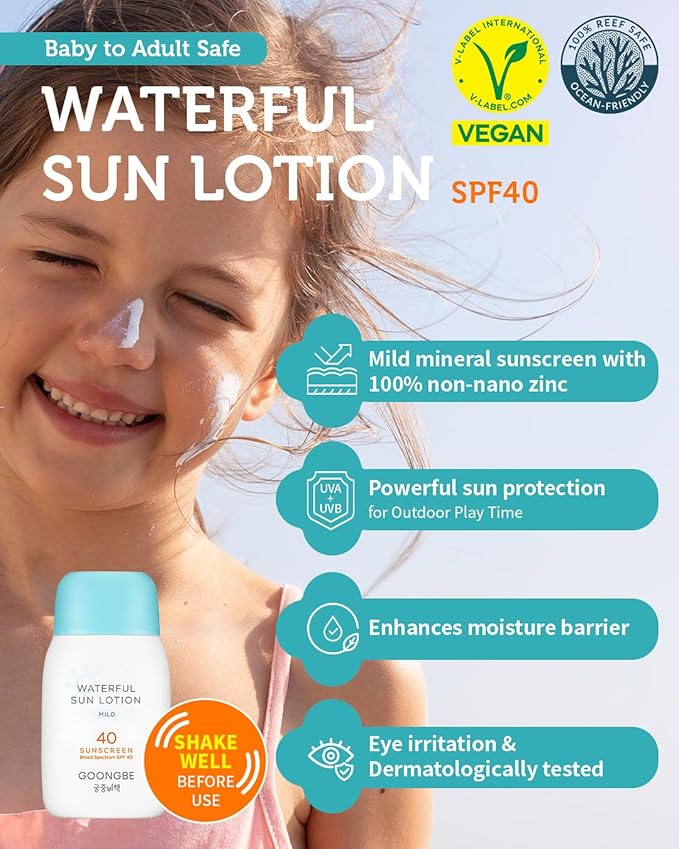 Waterful Sun Lotion Mild SPF 40 - Zinc Oxide Water Resistant Mineral Sunscreen for Babies, Kids & Adults - Hypoallergenic, Vegan, Reef-Safe - Korean Sun Care for Sensitive Skin, 2.82 fl.oz.
