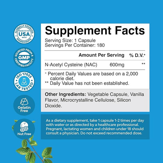 NAC Supplement N-Acetyl Cysteine 600mg - Potent Vegan High Absorption NAC 600 mg Capsules Glutathione Precursor for Liver Cleanse Detox & Repair plus Lung Health and Immunity Support - 180ct 2pk