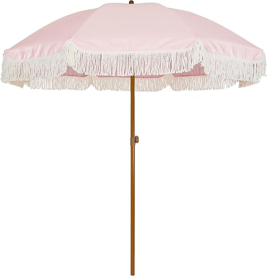 AMMSUN 7ft Patio Umbrella with Fringe Outdoor Tassel Umbrella UPF50+ Premium Steel Pole and Ribs Push Button Tilt, Elegant Pink