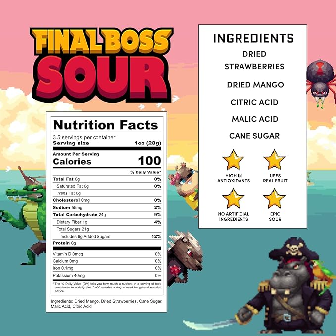 Final Boss Sour Candy, Extremely Super Sour Gummy Candy, Strawberry and Mango, LvL 2 (3.52 Ounce Bag, 1 Bag) - Gummies Made with Dried Fruit, Free of Artificial Colors, Healthy Snack for Kids & Adults