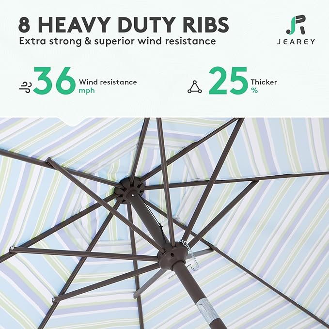 JEAREY 9FT Outdoor Patio Umbrella Outdoor Table Umbrella with Push Button Tilt and Crank, Market Umbrella 8 Sturdy Ribs UV Protection Waterproof for Garden, Deck, Backyard, Pool (Blue Green Stripe)