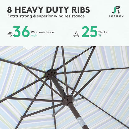 JEAREY 9FT Outdoor Patio Umbrella Outdoor Table Umbrella with Push Button Tilt and Crank, Market Umbrella 8 Sturdy Ribs UV Protection Waterproof for Garden, Deck, Backyard, Pool (Blue Green Stripe)