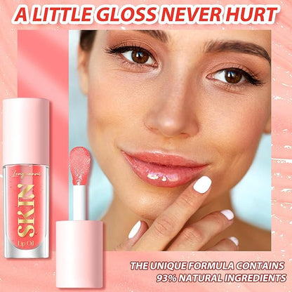 Big Brush Head Lip Glow Oil Plumping Tint, Tinted Lip Balm Transparent Lip Care, Moisturizing Non-sticky Fresh Shiny Texture Lip Oil - Strawberry (Pink)