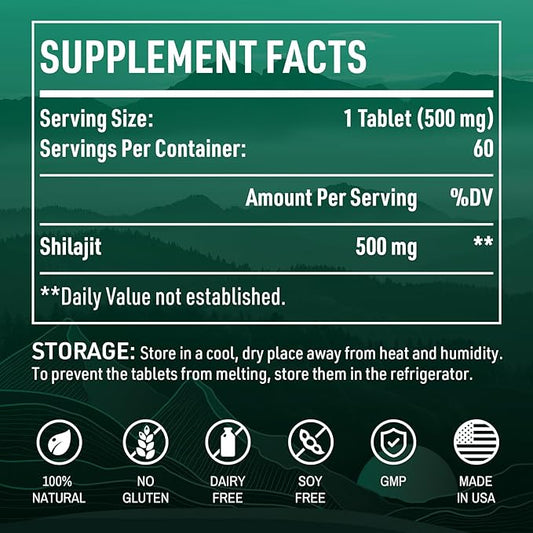 30,000 MG Shilajit Tablets, Shilajit Himalayan Organic, with Fulvic Acid & 85+ Trace Minerals, More Effective Than Shilajit Resin & Capsules, Shilajit for Men & Women, with Lab Test. 60 Count.