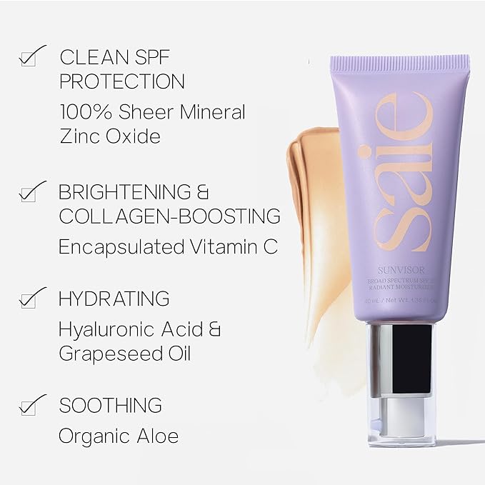 Saie Mini Sunvisor Broad Spectrum Face Sunscreen Moisturizer SPF 35 - Hydrating Daily Sunscreen with 100% Sheer Mineral Zinc Oxide, Hyaluronic Acid + Vitamin C for Radiant, Dewy Skin (0.5 fl oz)