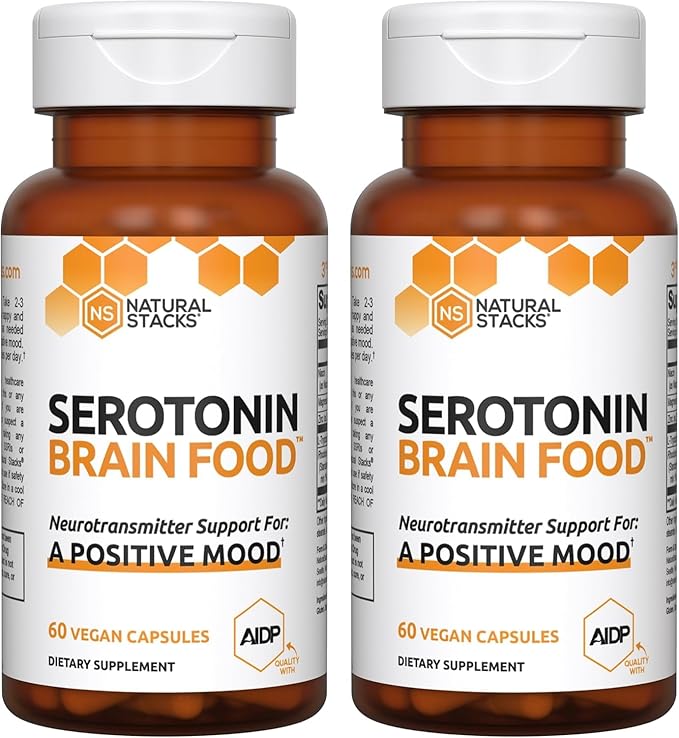 NATURAL STACKS Serotonin Brain Food - L-Tryptophan & Rhodiola Rosea - Mood Support Supplement - Promotes Positive Mood, Calmness, Stress Relief - Brain Support Supplement - 120 Capsules