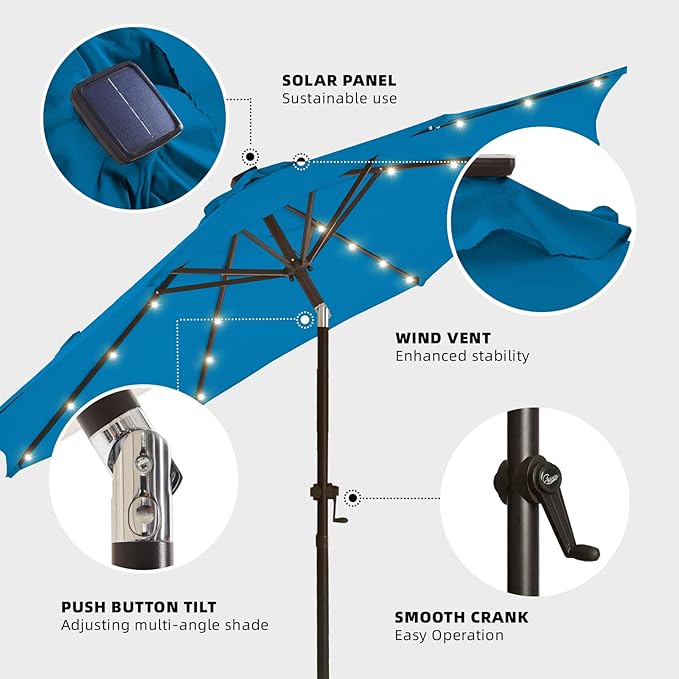 wikiwiki 9ft Solar Led Patio Umbrella, Sturdy Outdoor Market Umbrella for Deck, Pool, Garden w/Tilt, Crank, 32 LED Lights, Royal