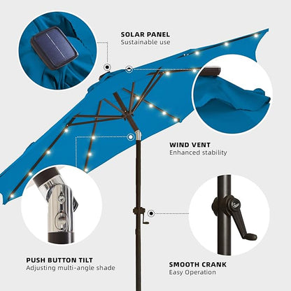 wikiwiki 9ft Solar Led Patio Umbrella, Sturdy Outdoor Market Umbrella for Deck, Pool, Garden w/Tilt, Crank, 32 LED Lights, Royal