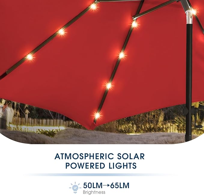 wikiwiki 10ft Solar Led Patio Umbrella, Sturdy Outdoor Market Umbrella for Deck, Pool, Garden w/Tilt, Crank, 32 LED Lights, Red