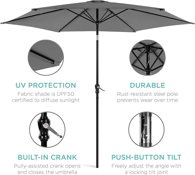 Best Choice Products 10ft Outdoor Steel Polyester Market Patio Umbrella w/Crank, Easy Push Button, Tilt, Table Compatible - Gray