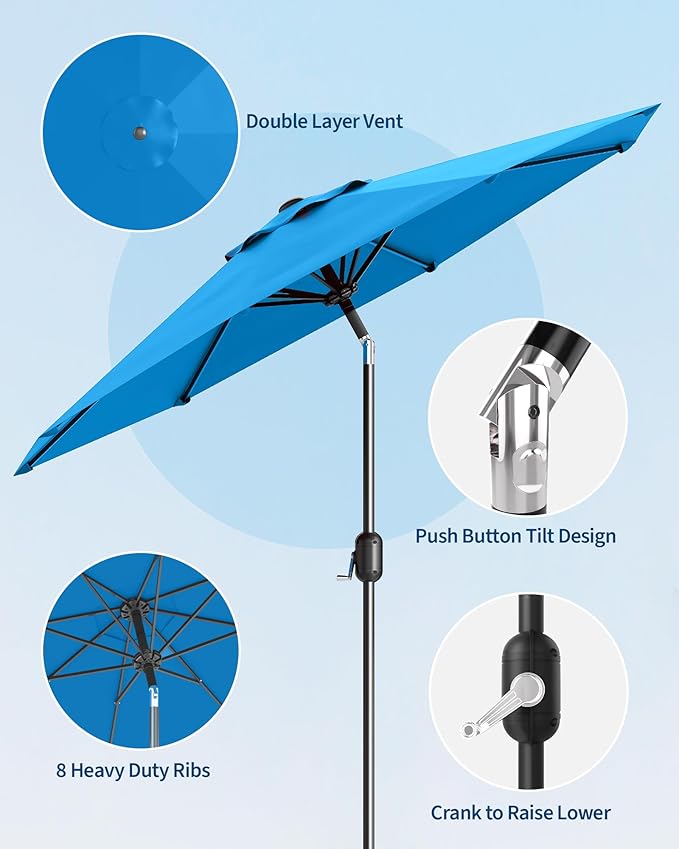 9FT Patio Umbrella Outdoor, Market Umbrella, Table Umbrella with Push Button Tilt and Crank, 8 Sturdy Ribs UV Protection Waterproof for Garden, Pool, Deck, Backyard (Sky Blue)