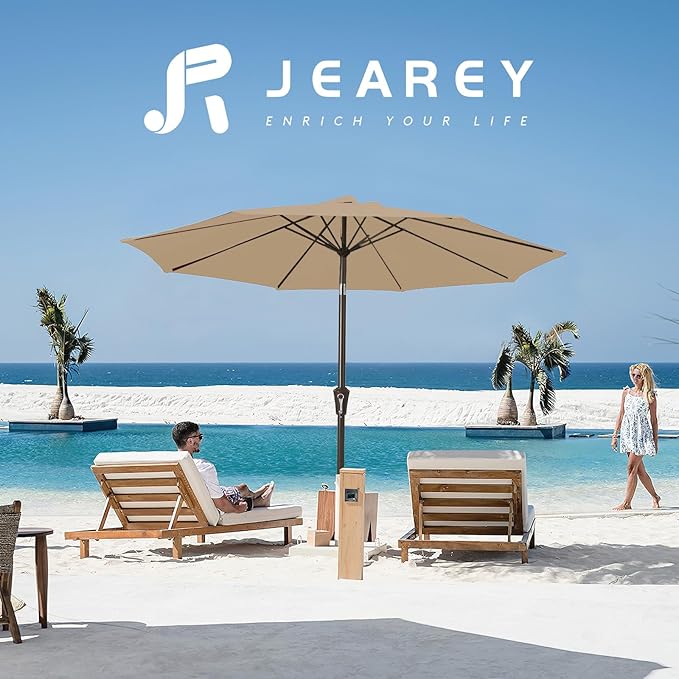 JEAREY 9FT Outdoor Patio Umbrella Outdoor Table Umbrella with Push Button Tilt and Crank, Market Umbrella 8 Sturdy Ribs UV Protection Waterproof for Garden, Deck, Backyard, Pool (Deep Tan)