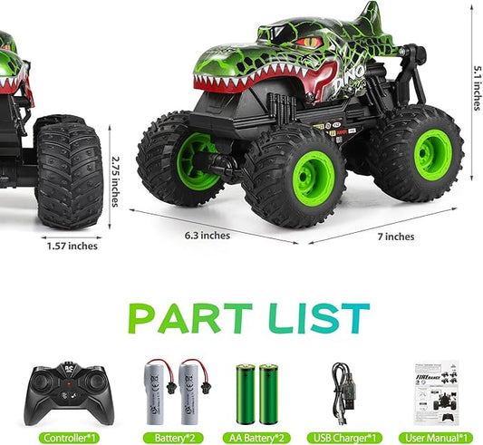 DYODYORC Remote Control Car, 2.4Ghz All Terrain Dinosaur Monster Truck Toys, RC Truck with Music, 3 Lighting Effects, 360 Stunt Capable, All included Ready to Run, Toy Gifts for Boys and Girls (Green)