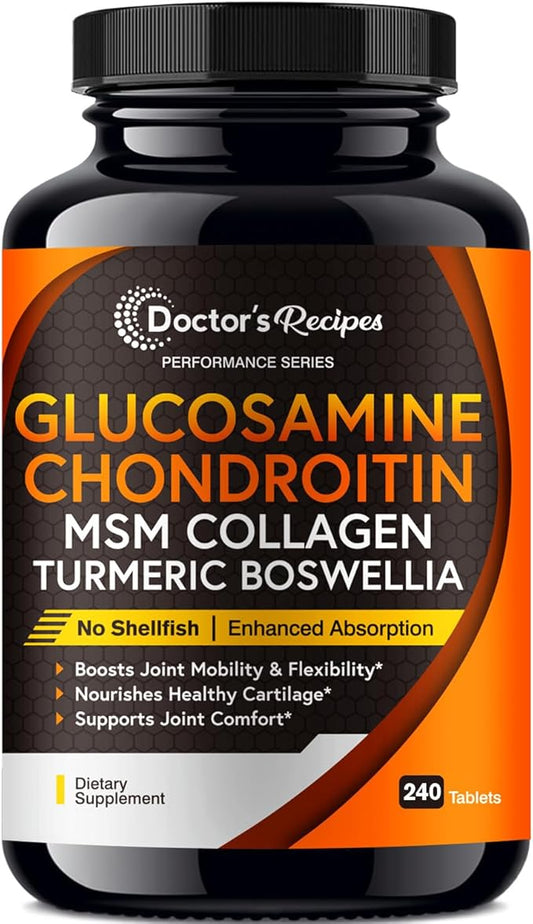 Doctor's Recipes Glucosamine Chondroitin MSM Turmeric Quercetin, Joint Support Supplement for Men & Women, with Black Pepper for High Absorption, Complete Joint Care, No Shellfish, 240 Tablets