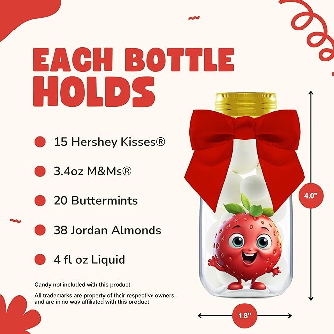 Small 12 Pack Strawberry Party Favors - DIY Candy Jars with Ribbons and Sticker - Party Decoration Bottles for Berry First Birthday, School Classroom, and Baby Shower - Kids Table Centerpiece Gifts