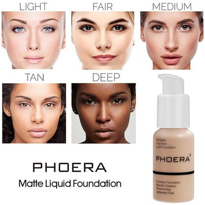 PHOERA Foundation Full Coverage,3Pcs Lip Liner and Lipstick Nude+Lip SetA)