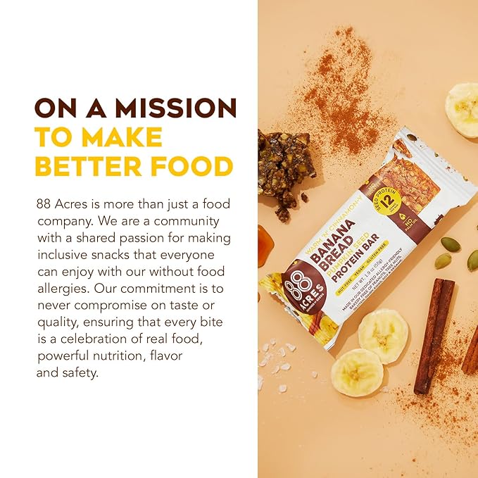 88 Acres Plant Based Seed Protein Bar | 9 Pack, Banana Bread | 12g of Plant Based Protein, Gluten Free, Nut Free, Non GMO, School Safe, No Palm Oil