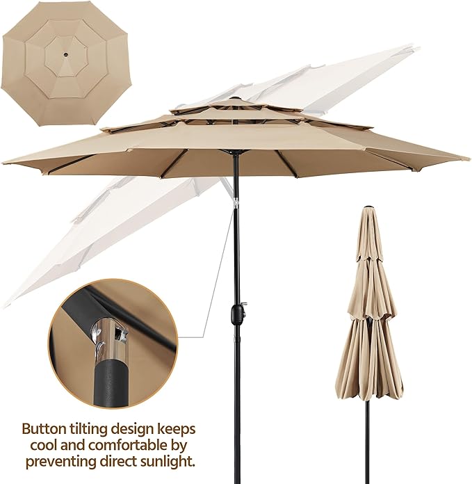 Yaheetech 3-Tier Patio Umbrella 10ft Vented Outdoor Canopy Sun Shade Large Market Table Umbrella Double-layer Cloth & Push-button Tilting for Yard/Garden/Park Tan