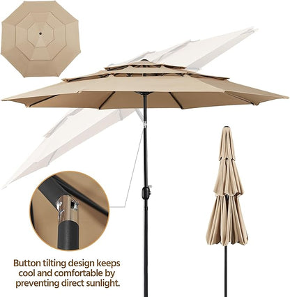 Yaheetech 3-Tier Patio Umbrella 10ft Vented Outdoor Canopy Sun Shade Large Market Table Umbrella Double-layer Cloth & Push-button Tilting for Yard/Garden/Park Tan