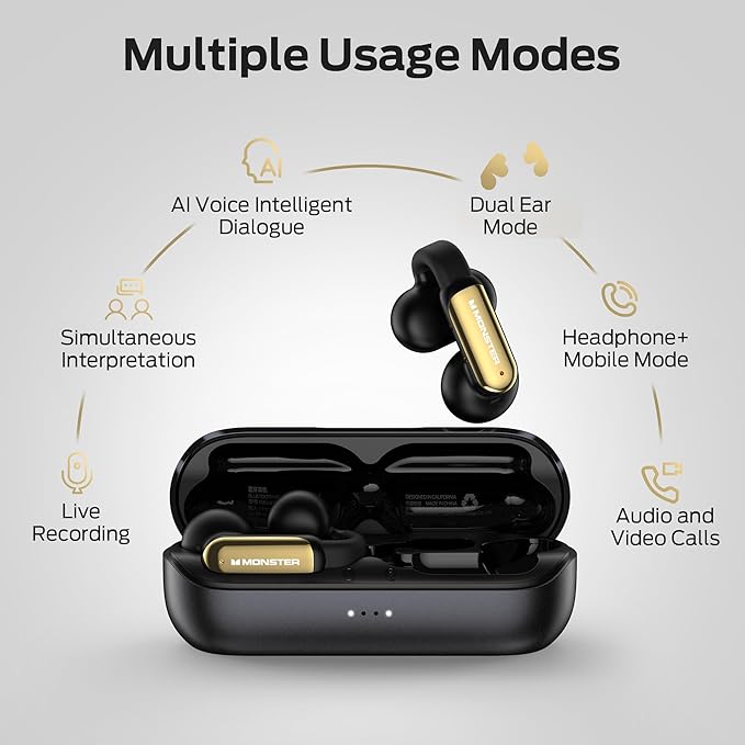 Monster AI Translation Earbuds Open AC601, 3-in-1 Translator Wireless Earphones, Bluetooth 6.0 Open Earbuds with 115 Languages Translation, Real-Time AI & Touch Control Wireless Headphone (Black)
