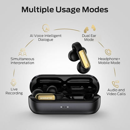 Monster AI Translation Earbuds Open AC601, 3-in-1 Translator Wireless Earphones, Bluetooth 6.0 Open Earbuds with 115 Languages Translation, Real-Time AI & Touch Control Wireless Headphone (Black)