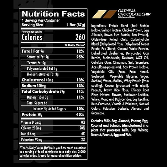 REDCON1 MRE Protein Bar, Oatmeal Chocolate Chip - Contains MCT Oil + 20g of Whole Food Protein - Easily Digestible, Macro Balanced Low Sugar Meal Replacement Bar (12 Bars)