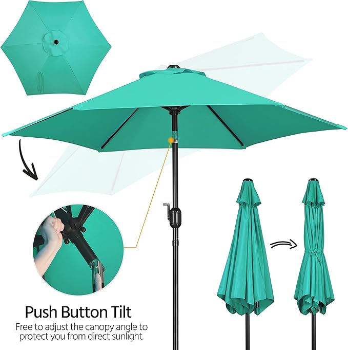 Yaheetech 7.5FT Patio Umbrella Outdoor Table Umbrella Canopy Market Umbrella with Push Button Tilt & Crank for Garden/Lawn/Deck/Backyard, 6 Ribs, Turquoise