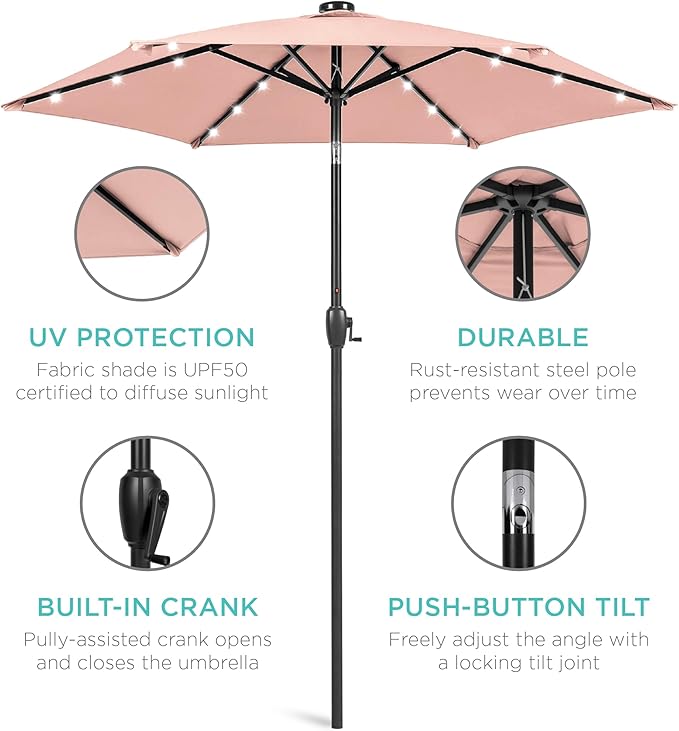 Best Choice Products 7.5ft Outdoor Solar Market Table Patio Umbrella for Deck, Pool w/Tilt, Crank, LED Lights - Rose Quartz