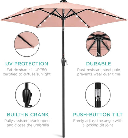 Best Choice Products 7.5ft Outdoor Solar Market Table Patio Umbrella for Deck, Pool w/Tilt, Crank, LED Lights - Rose Quartz