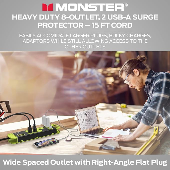 Monster Workshop Heavy-Duty Garage Power Strip Surge Protector - Mountable Heavy-Duty Wide-Spaced 8 Grounded AC & 2 USB-A Outlets with 14ft Angled Flat Plug - 1200 Joules - ETL Listed Black