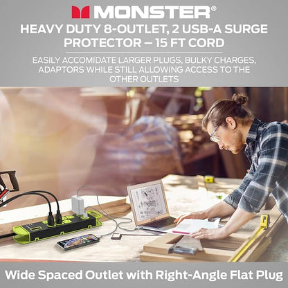 Monster Workshop Heavy-Duty Garage Power Strip Surge Protector - Mountable Heavy-Duty Wide-Spaced 8 Grounded AC & 2 USB-A Outlets with 14ft Angled Flat Plug - 1200 Joules - ETL Listed Black