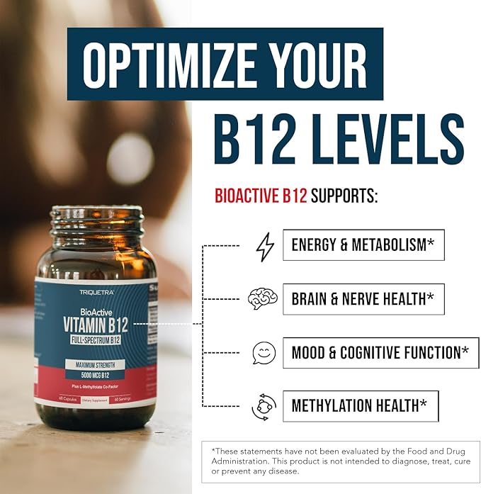 BioActive Vitamin B12 - 5000 mcg, Contains 3 BioActive Forms B12 Plus Methylfolate Cofactor - Methyl B12, Adenosyl B12 & Hydroxy B12 | Supports Energy, Metabolism & Mood | Vegan, Non-GMO (60 Servings)