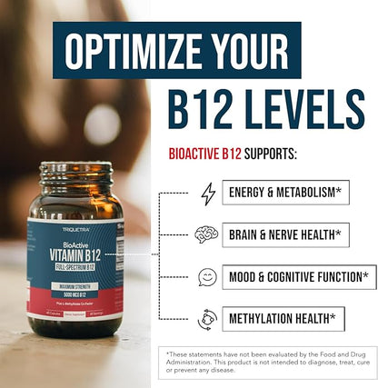 BioActive Vitamin B12 - 5000 mcg, Contains 3 BioActive Forms B12 Plus Methylfolate Cofactor - Methyl B12, Adenosyl B12 & Hydroxy B12 | Supports Energy, Metabolism & Mood | Vegan, Non-GMO (60 Servings)