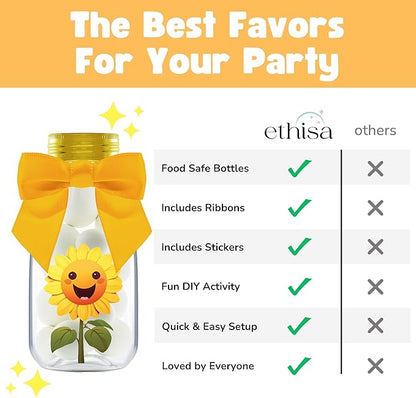 Small 12 Pack Sunflower Party Favors - DIY Candy Jars with Ribbons and Stickers - Party Decoration Bottles for Birthday, School Classroom, Baby Shower, Bridal Shower, and Wedding - Sun Flower