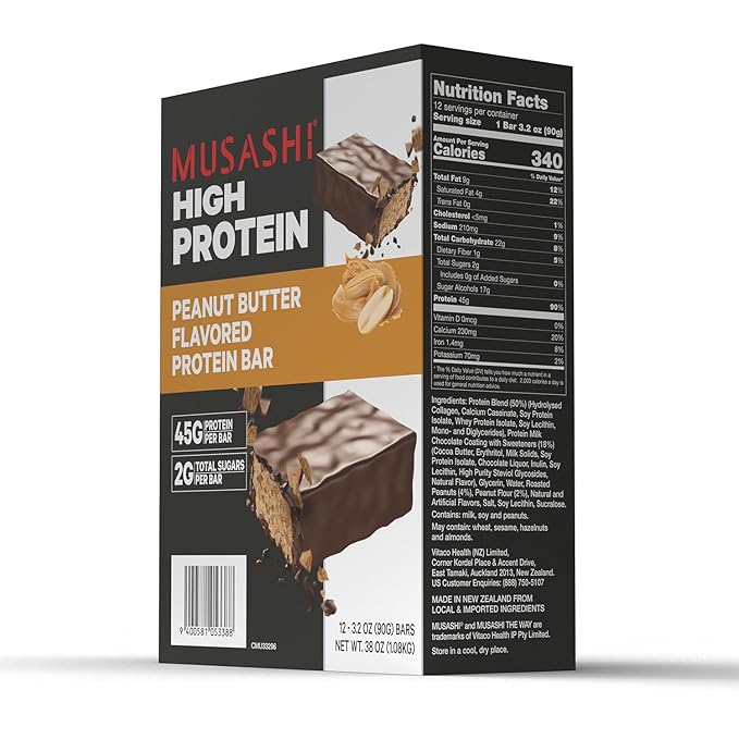 MUSASHI High Protein Bar, 45g Protein, 2g Total Sugars, Peanut Butter & Milk Chocolate Coated, Post Workout and Protein Snack On The Go, 12 Pack of 3.2oz (90g) Bars