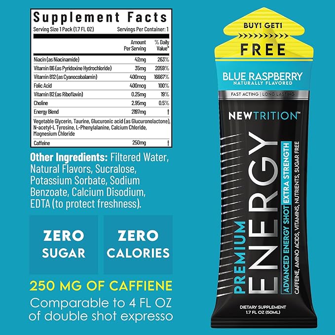NewTrition Extra Strength Energy Shots, Caffeine Energy Shots with Vitamin B & Amino Acids, Sugar-Free Vitamin Energy Shot, 1.7 fl oz, Blue Raspberry, 12 Count