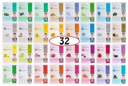 DERMAL Korean Collagen Face Mask – Hydrating & Soothing Sheet Mask with Panthenol – Hypoallergenic Calming Moisture Care for All Skin Types – 32 Combo Pack A+B Set