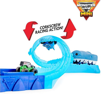 Monster Jam, Mini Megalodon Race and Chomp Playset with 2 Monster Jam Mini Trucks, 1:87 Scale, Kids Toys for Boys and Girls Ages 4-6+
