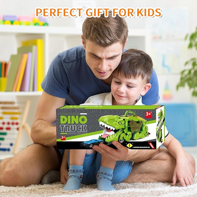 Dinosaur Transport Truck Toys - 9-in-1 Car Carrier & Track Set with 8 Mini Cars, Dino Monster Truck for Kids 3-12, Push & Pull Toy, Race & Storage Gift for Boys Girls (Green)