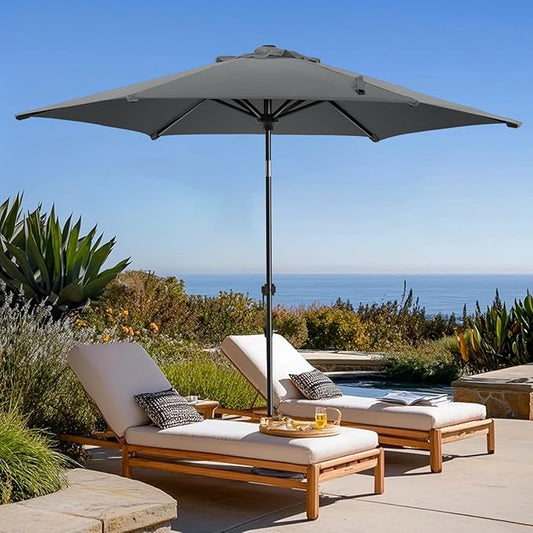 wikiwiki 7.5 FT Patio Umbrellas Outdoor Table Market Umbrella with Push Button Tilt/Crank, 6 Sturdy Ribs, Fade Resistant Waterproof POLYESTER DTY Canopy for Garden, Lawn, Backyard & Pool, Dark Gray