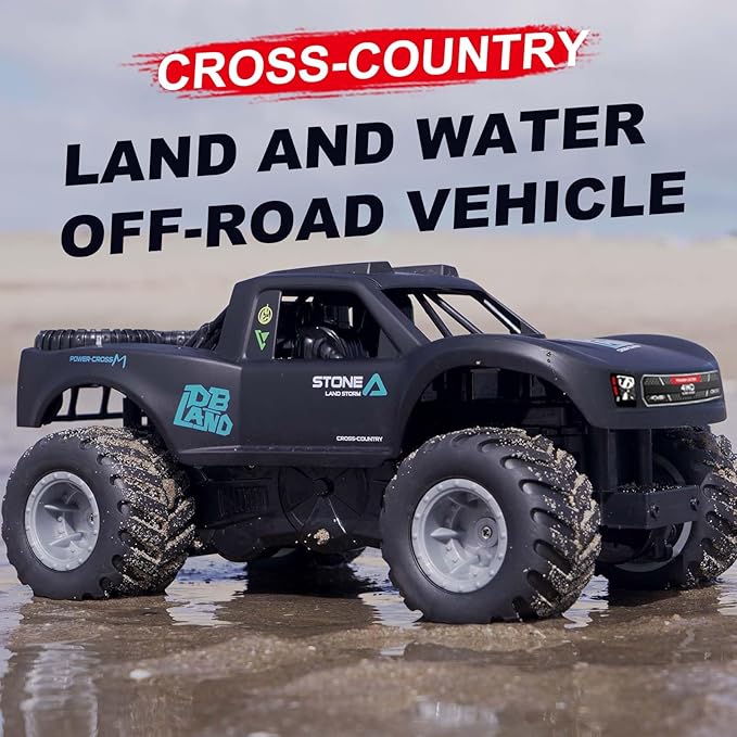 Monster Truck Toys, 2.4G Amphibious Remote Control Car for Boys, 1:16 Scale All-Terrain Rc Car with Double-Sided Driving, 4WD, 2 Rechargeable Batteries, for Boys & Adults-Blue