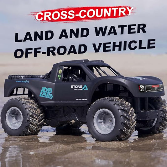 Monster Truck Toys, 2.4G Amphibious Remote Control Car for Boys, 1:16 Scale All-Terrain Rc Car with Double-Sided Driving, 4WD, 2 Rechargeable Batteries, for Boys & Adults-Blue